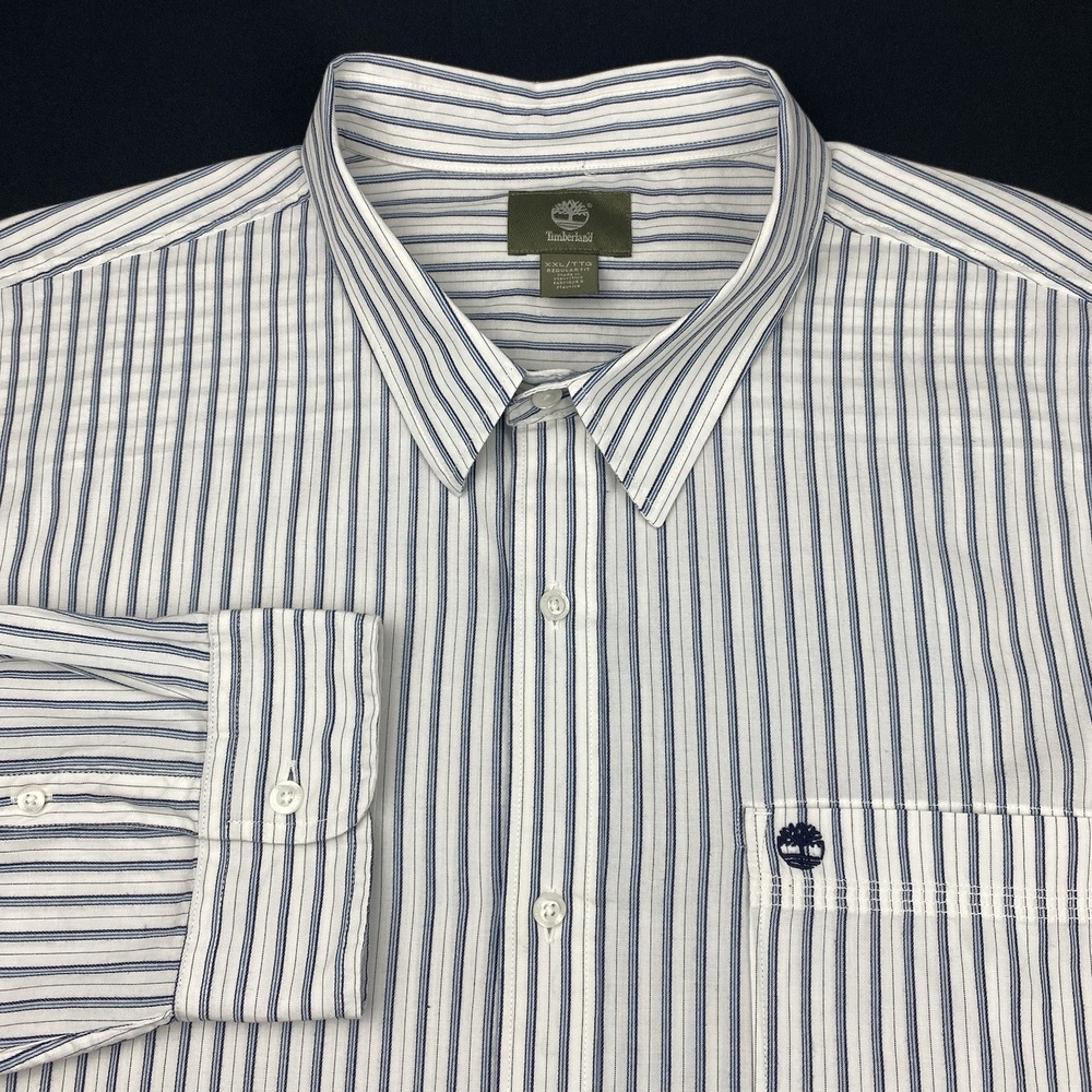 Timberland Mens XXL Dress Shirt White Blue Striped Regular Fit Long Sleeve